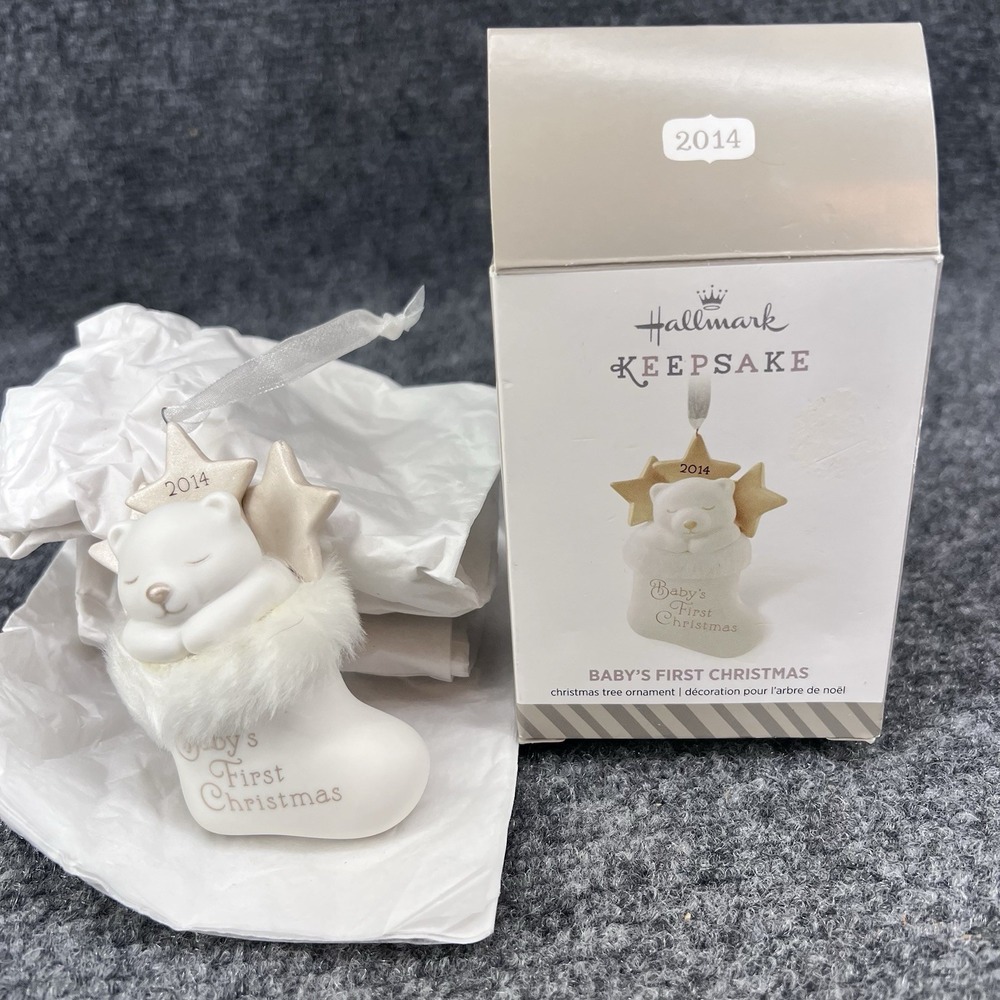 2014 Baby's First Christmas Hallmark Keepsake Ornament White Bear in Stocking - Picture 1 of 8